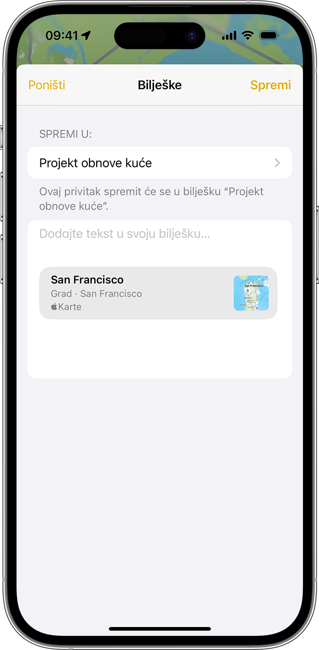 iPhone na kojem se prikazuje kako dodati privitak u aplikaciju Bilješke.