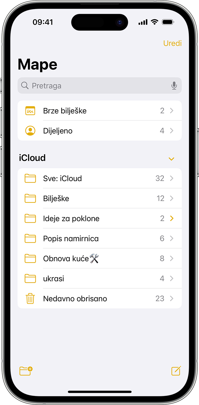 Na iPhone uređaju prikazuje se kako izraditi mapu u aplikaciji Bilješke.