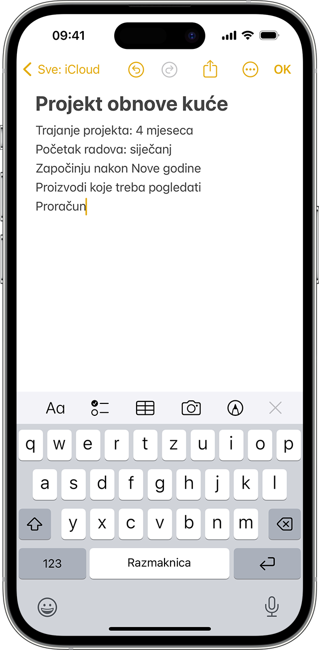 Na iPhone uređaju prikazuje se kako izraditi bilješku u aplikaciji Bilješke.