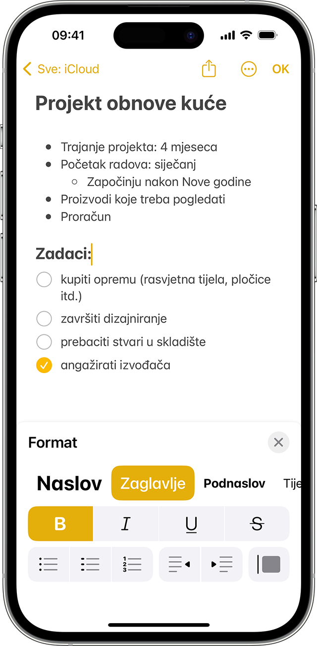 Opcije formatiranja u aplikaciji Bilješke na iPhone uređaju