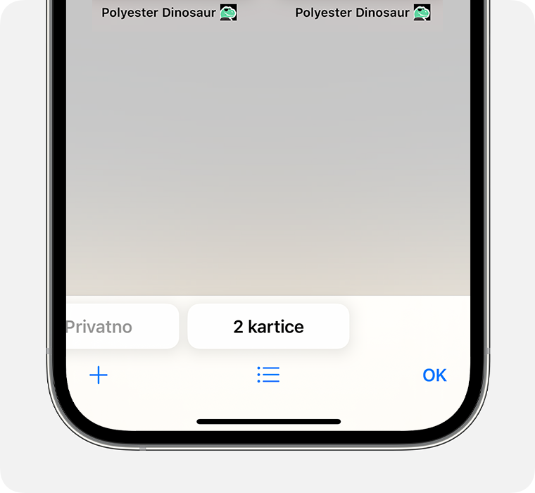 iPhone uređaj koji prikazuje aplikaciju Safari s odabranom grupom kartica Kartice.