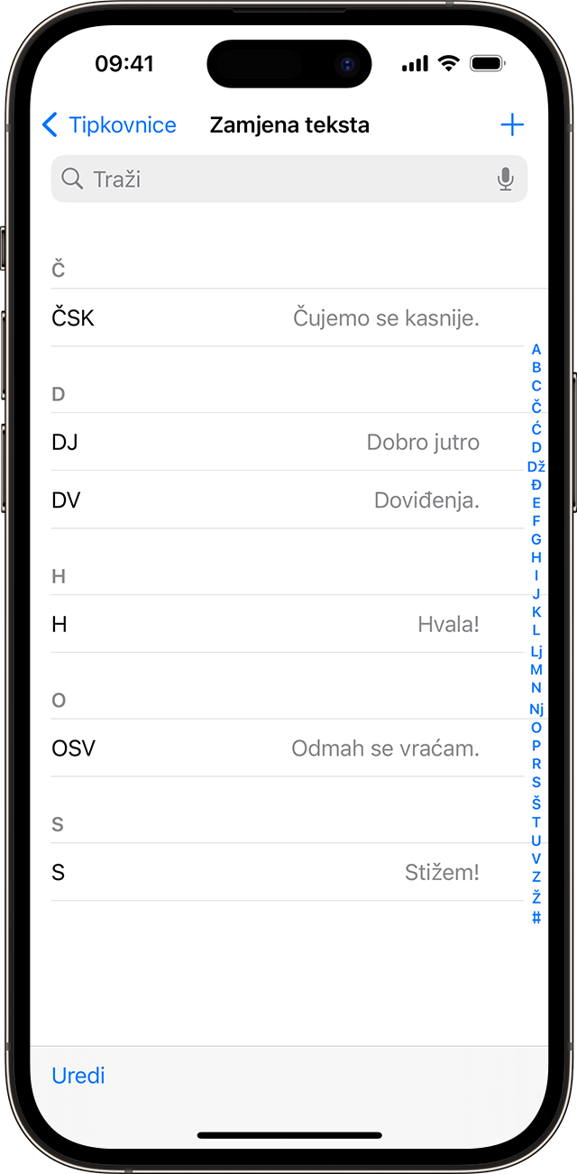 Popis tekstnih prečaca postavljenih za upotrebu na iPhone uređaju.