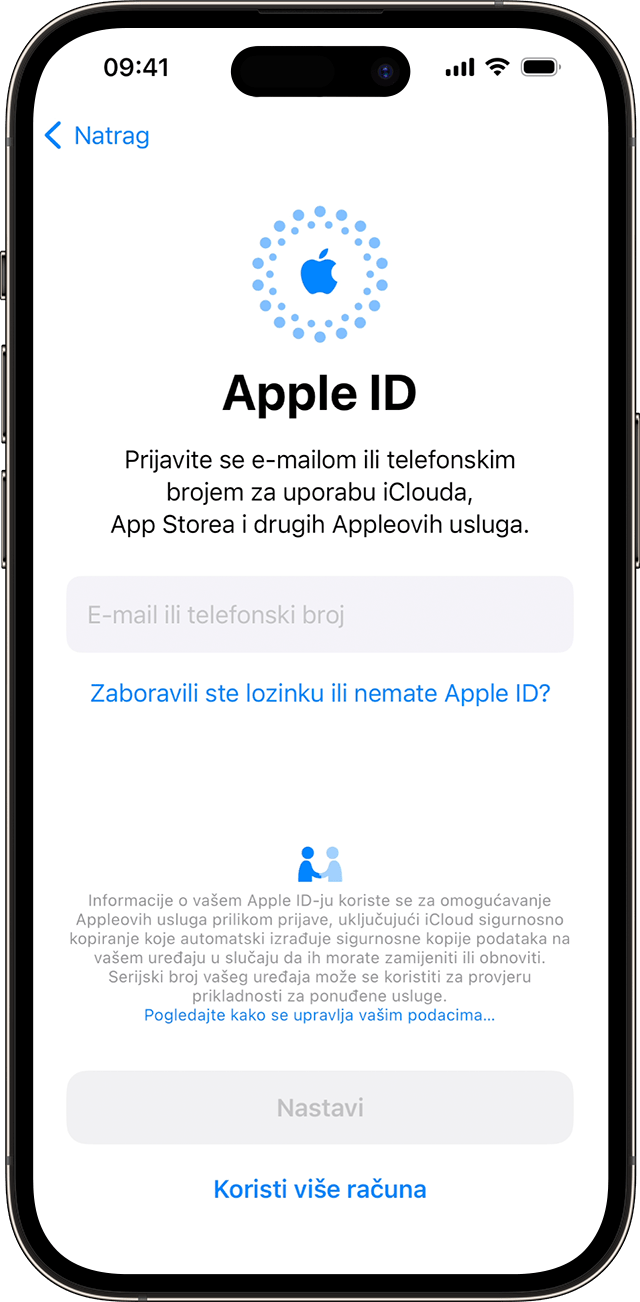 Upotrijebite svoju e-mail adresu ili telefonski broj da biste se prijavili pomoću svog Apple ID-ja tijekom postupka podešavanja iPhone uređaja na sustav iOS 17.