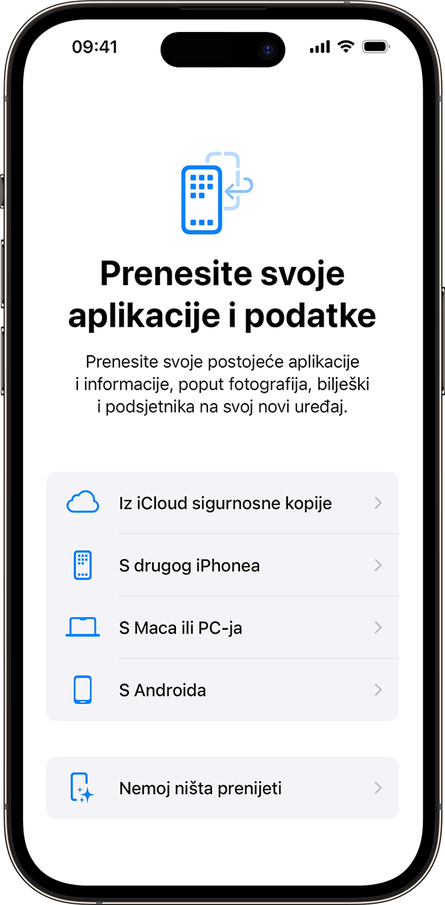 Opcije za prijenos aplikacija i podataka kada podešavate iPhone na sustav iOS 17