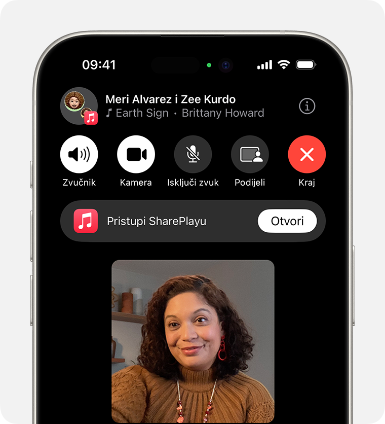 iPhone s prikazom opcije Pristupi SharePlayu u FaceTime pozivu.