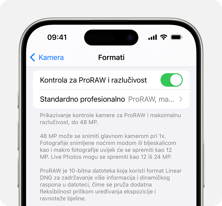 U sustavu iOS 17 razlučivost ProRAW fotografija možete postaviti na 12 MP ili 48 MP.