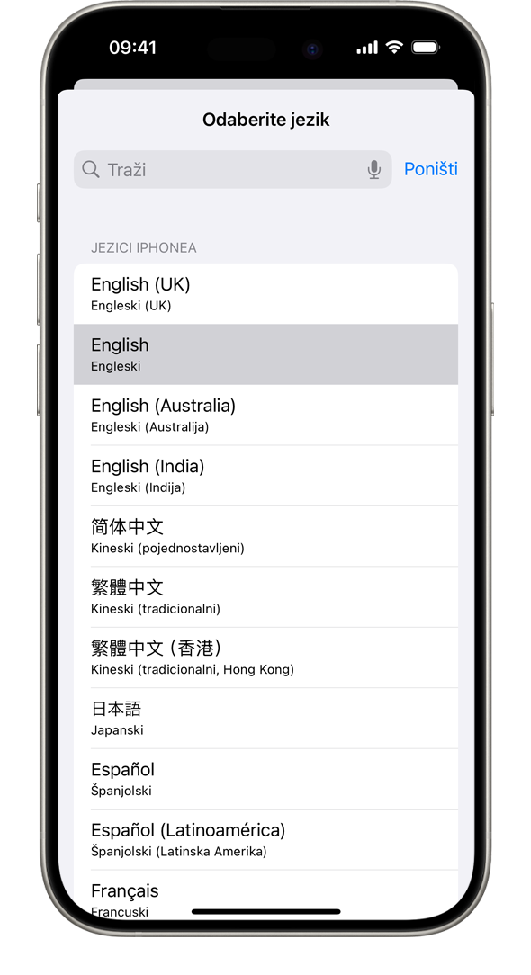 iPhone na kojem je prikazan popis dostupnih jezika sustava s označenim francuskim jezikom.