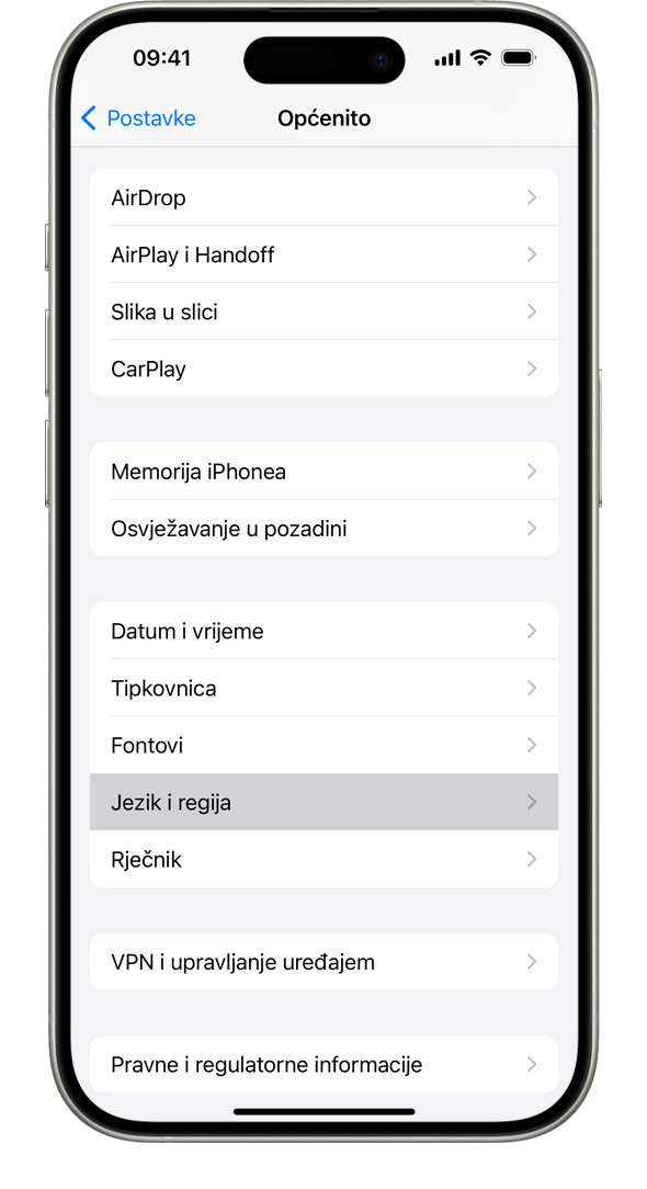 iPhone na kojem je prikazan izbornik Općenite postavke i označena opcija Jezik i regija.