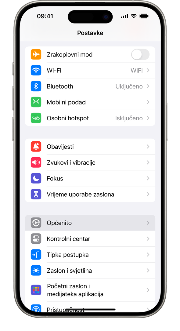 iPhone na kojem je prikazana aplikacija Postavke s označenom opcijom Općenito, ispod opcije Vrijeme uporabe zaslona.