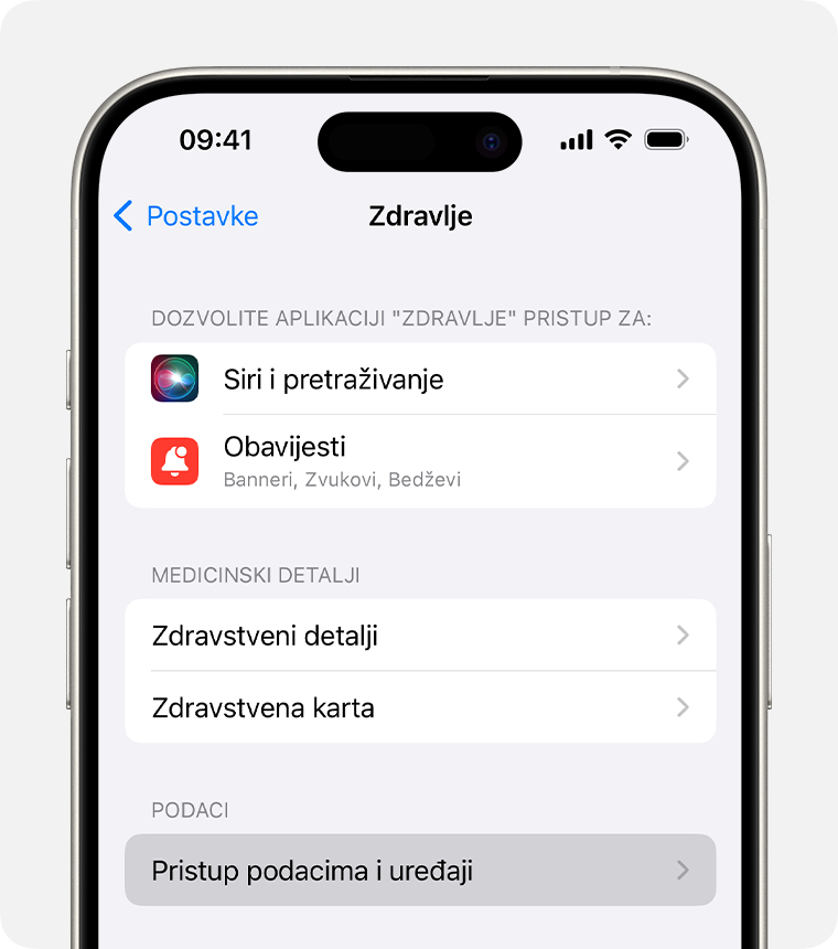 U postavkama aplikacije Zdravlje na iPhone uređaju možete podesiti postavke kao što je Sirin pristup zdravstvenim podacima.