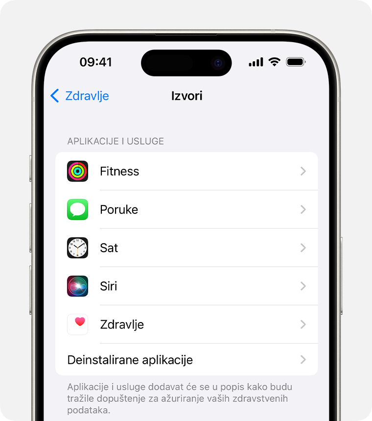 U postavkama aplikacije Zdravlje na iPhone uređaju dodirnite Siri da biste uključili ili isključili Sirin pristup podacima aplikacije Zdravlje.