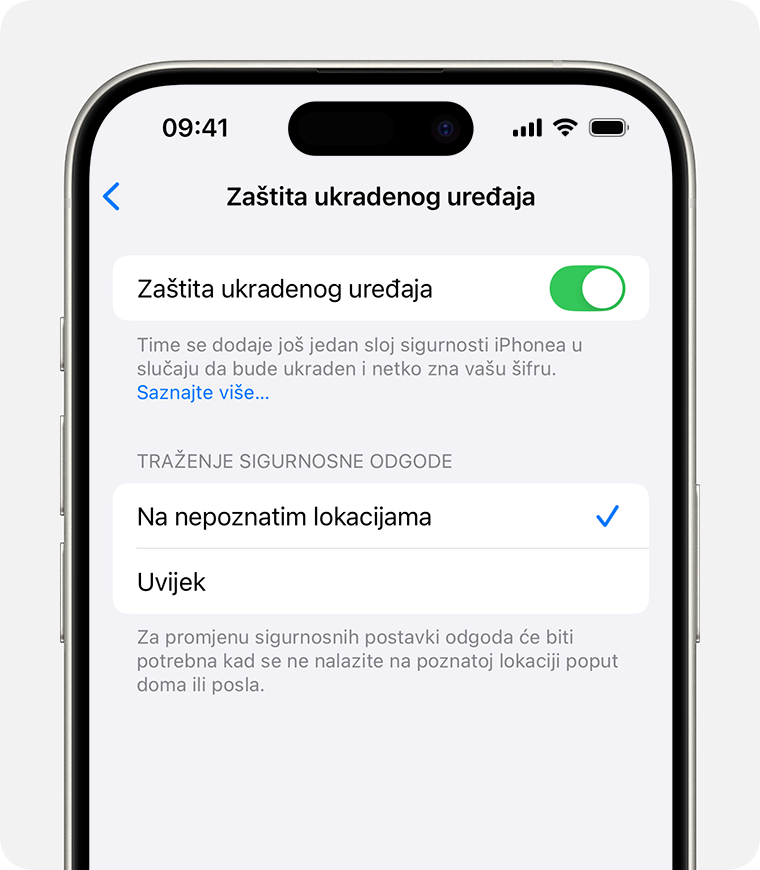 U postavkama za Face ID i šifru na iPhone uređaju možete uključiti ili isključiti značajku Zaštita ukradenog uređaja i odabrati kada će biti potrebne dodatne sigurnosne mjere.