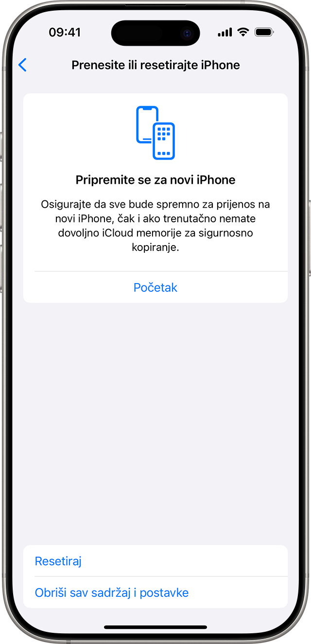 iPhone s prikazom opcija za resetiranje ili brisanje sadržaja i postavki