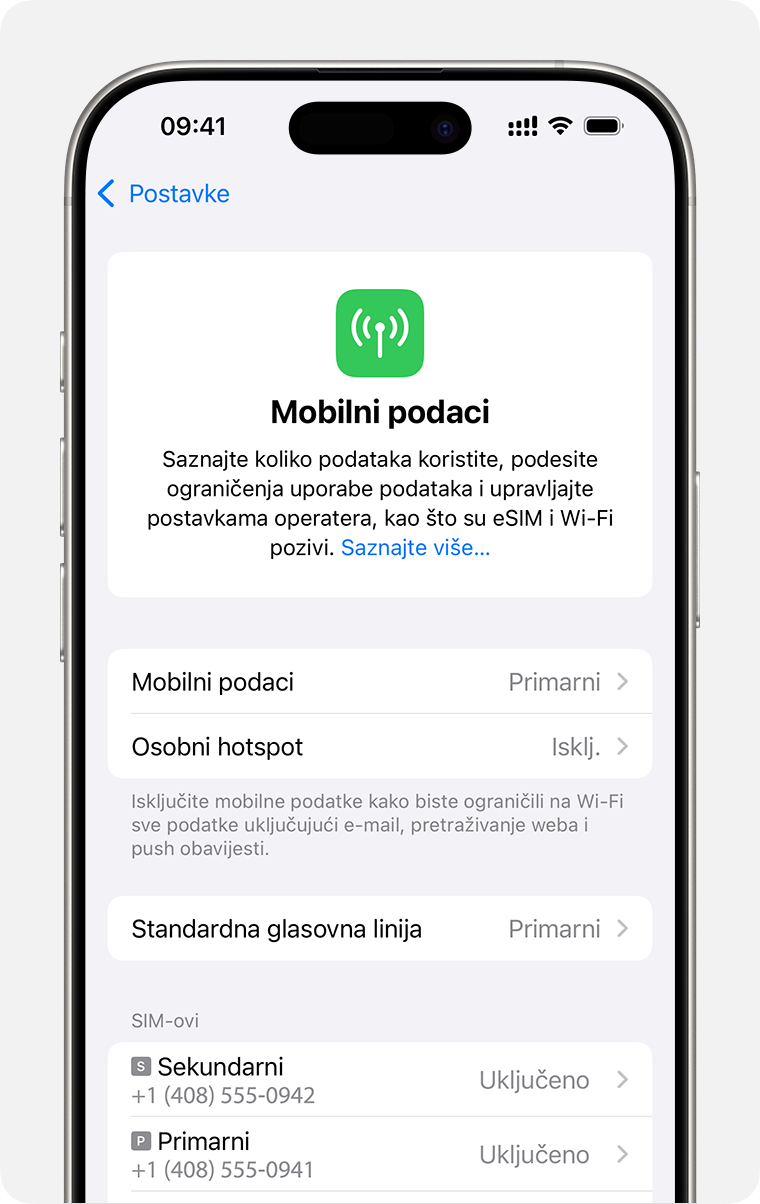Zaslon iPhone uređaja za upravljanje postavkama mobilne mreže za svaku od tarifa