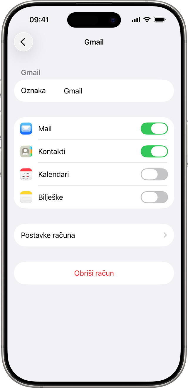 iPhone, na zaslonu se prikazuje račun za Gmail s uključenim opcijama Mail i Kontakti