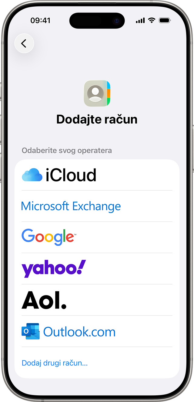 iPhone, na zaslonu se prikazuju unaprijed postavljene opcije davatelja usluge i opcija dodavanja drugog računa