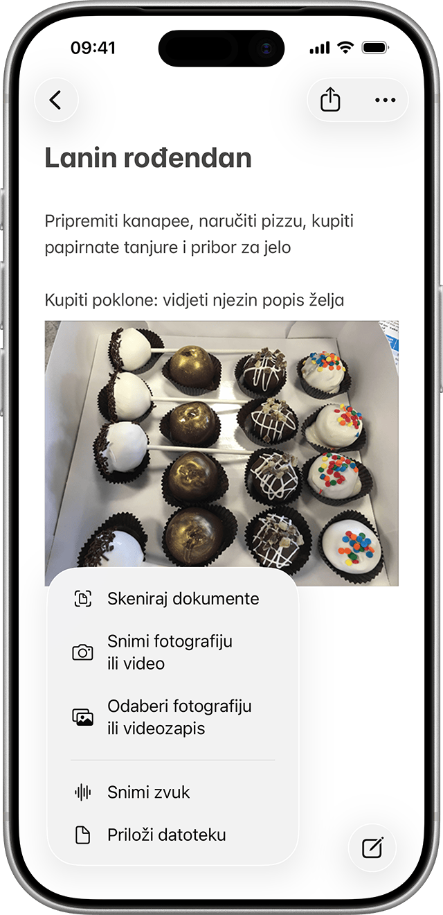 Kada dodate privitak bilješci, možete odabrati bilješku u koju želite dodati privitak.