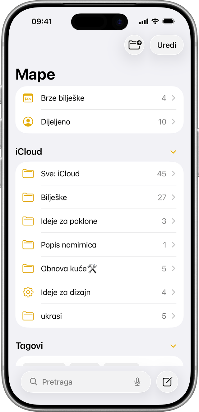 U aplikaciji Bilješke možete istodobno pregledavati sve oznake i mape.