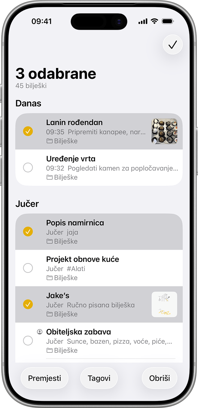 Da biste bilješke premjestili u različite mape, idite na popis Bilješke i dodirnite bilješke koje želite premjestiti.