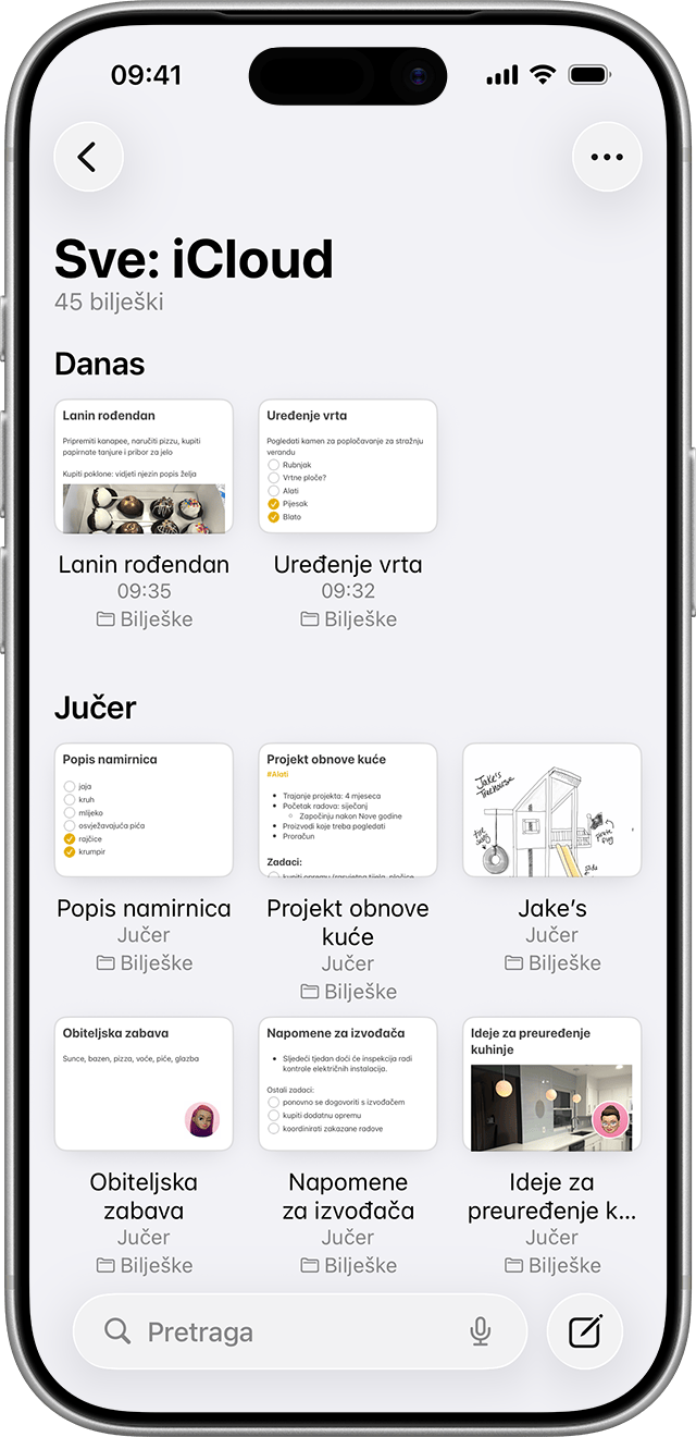 Prikaz galerije u aplikaciji Bilješke u sustavu iOS 26.