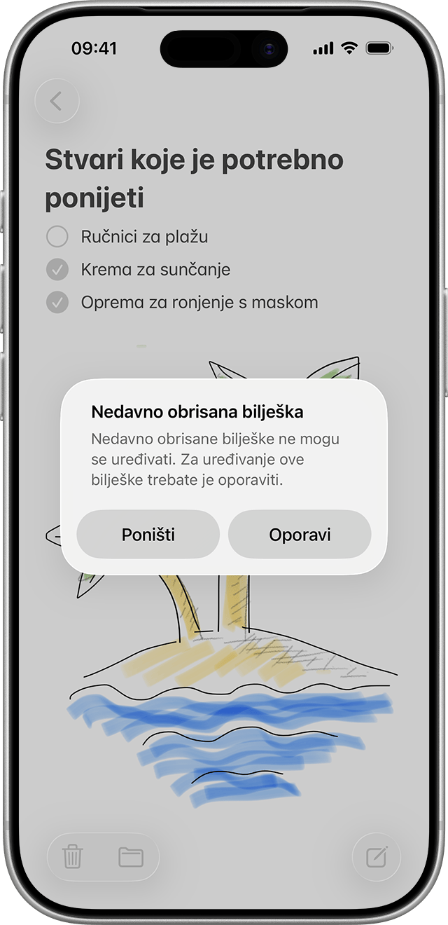 Na popisu mapa u aplikaciji Bilješke možete pogledati nedavno izbrisane bilješke te odabrati želite li ih oporaviti.