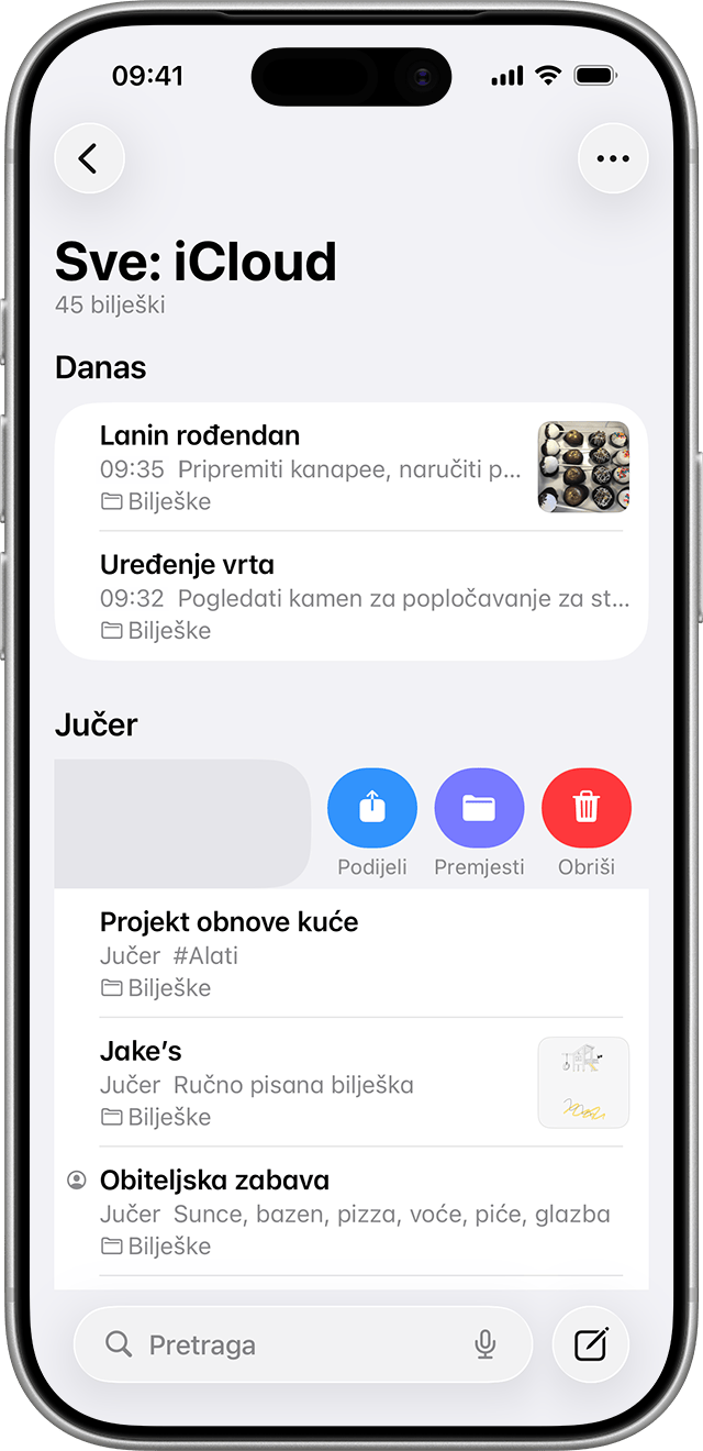 Da biste izbrisali bilješku, prijeđite prstom ulijevo preko bilješke na popisu Bilješke.
