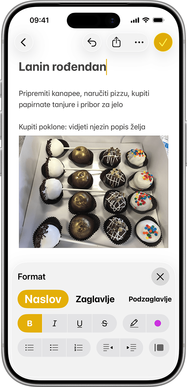 U aplikaciji Bilješke u sustavu iOS 18 ili novijem označite tekst, a zatim dodirnite gumb za oblikovanje da bi se prikazale opcije kao što su kurziv ili stil zaglavlja.