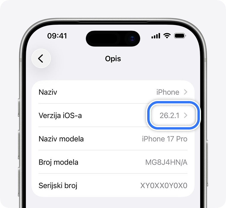 Verzija sustava iOS navedena na stranici Više informacija u aplikaciji Postavke.