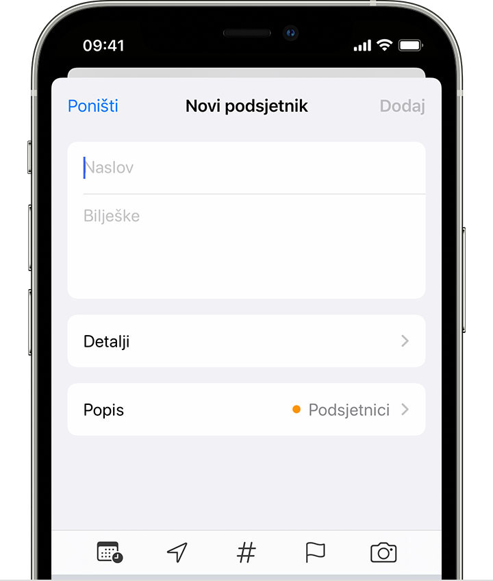 iPhone s prikazom zaslona Novi podsjetnik, na kojem možete dodati naslov, bilješke i ostale pojedinosti za izradu podsjetnika.