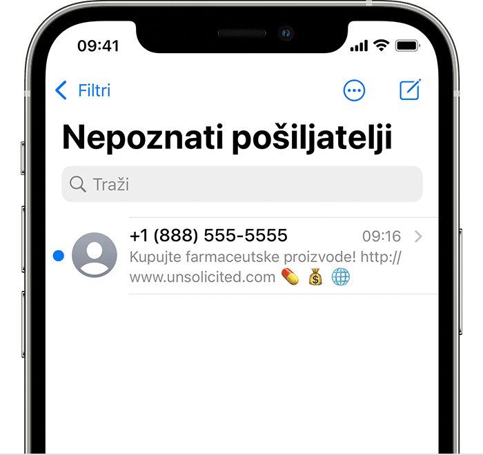 iPhone uređaj koji prikazuje gdje se nalaze poruke filtrirane od nepoznatih pošiljatelja