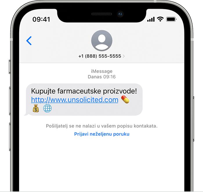 iPhone uređaj s prikazom opcije prijave iMessage poruke kao neželjene