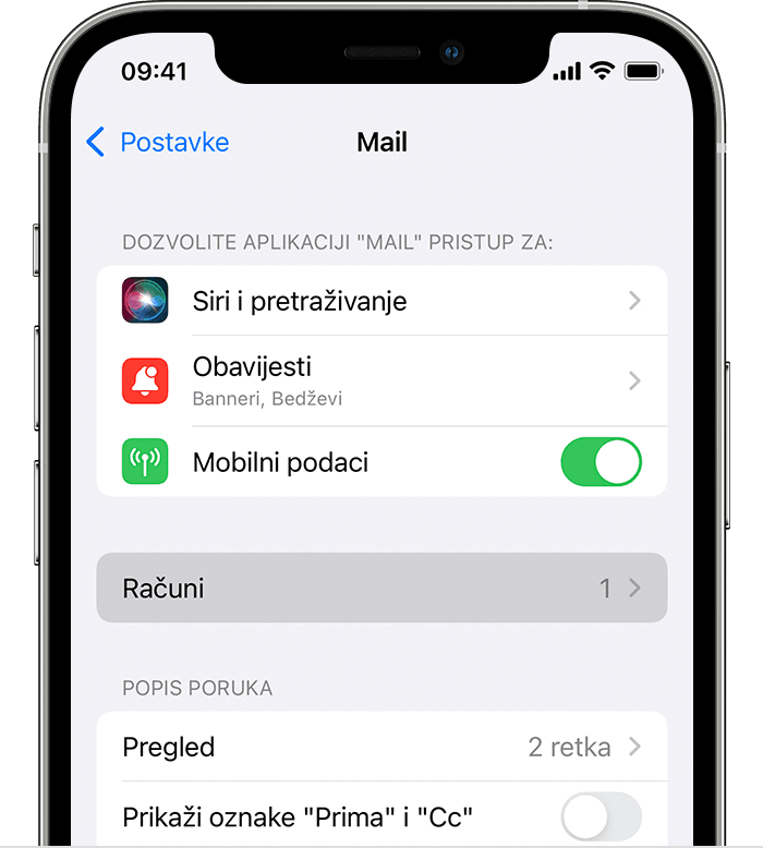 Idite na Postavke > Mail da biste pokrenuli automatsko postavljanje e-mail računa na svom iPhone uređaju.