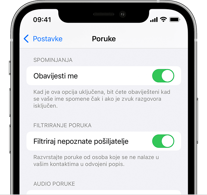 Zaslon iPhone uređaja s prikazom uključene opcije Filtriraj nepoznate pošiljatelje