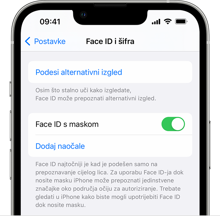 Ako imate iPhone 12 ili noviji uređaj sa sustavom iOS 15.4 ili novijim, stranica Face ID i šifra u sklopu Postavki sadržava opciju za uključivanje značajke Face ID s maskom.