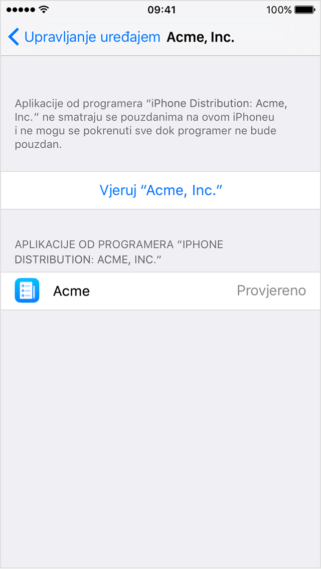  Zaslon iPhone uređaja koji prikazuje upit za postavljanje poslovne aplikacije kao pouzdane