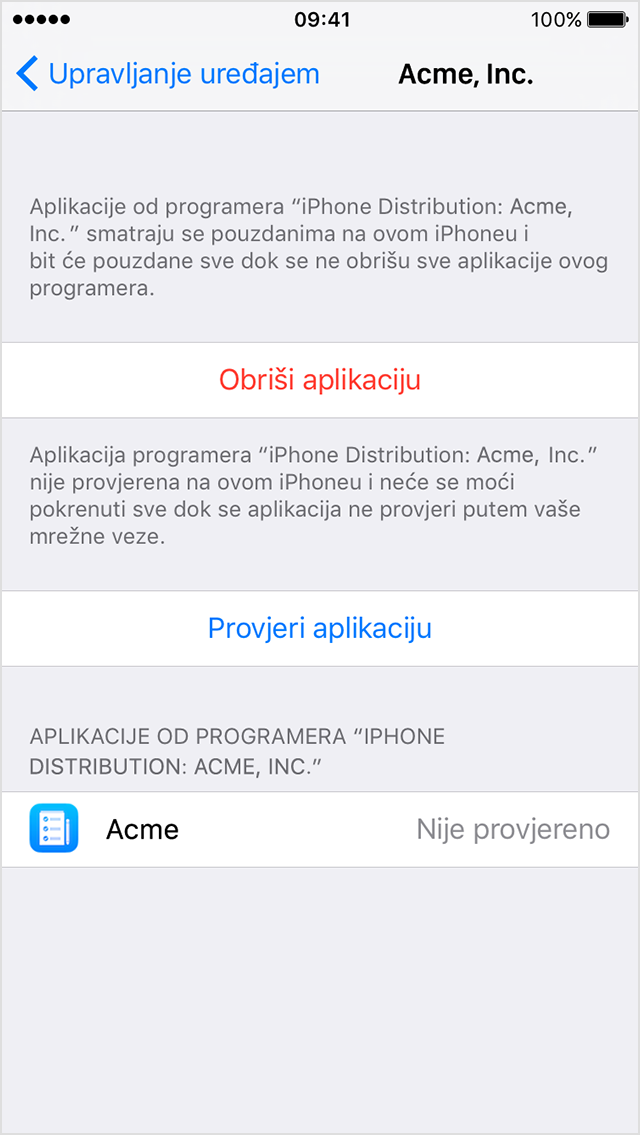  Zaslon iPhone uređaja koji prikazuje upit za potvrđivanje da se poslovna aplikacija mora postaviti kao pouzdana