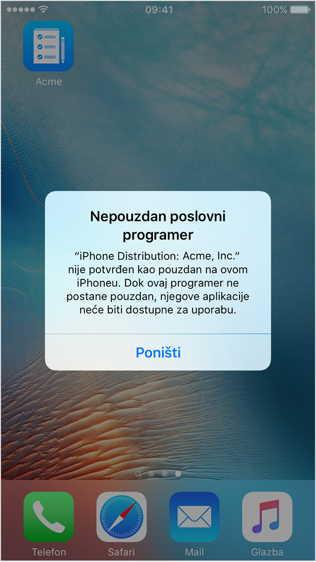  Poruka Nepouzdani programer poslovne aplikacije na zaslonu iPhone uređaja