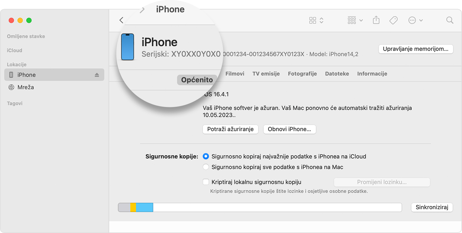 Snimka zaslona prozora programa Finder s prikazom serijskog broja iPhone uređaja