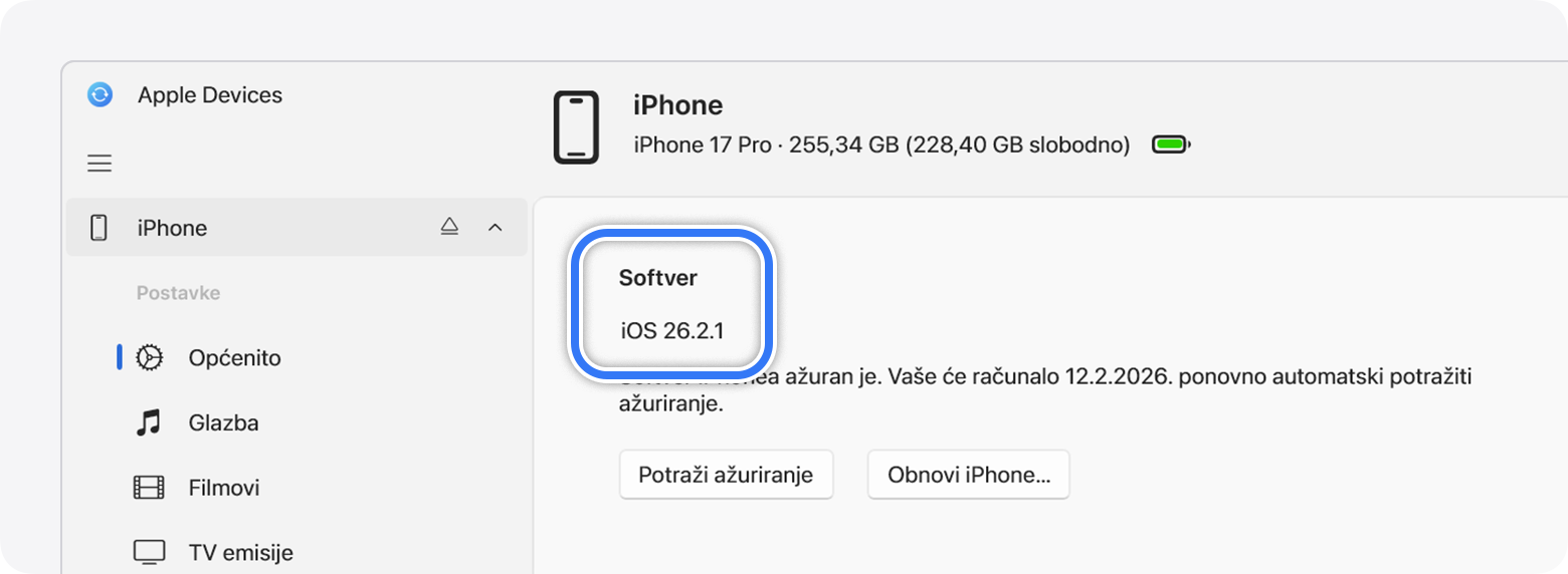 Na računalu s aplikacijom Apple Devices, možete ručno provjeriti ima li ažuriranja za iOS kada povežete iPhone uređaj.