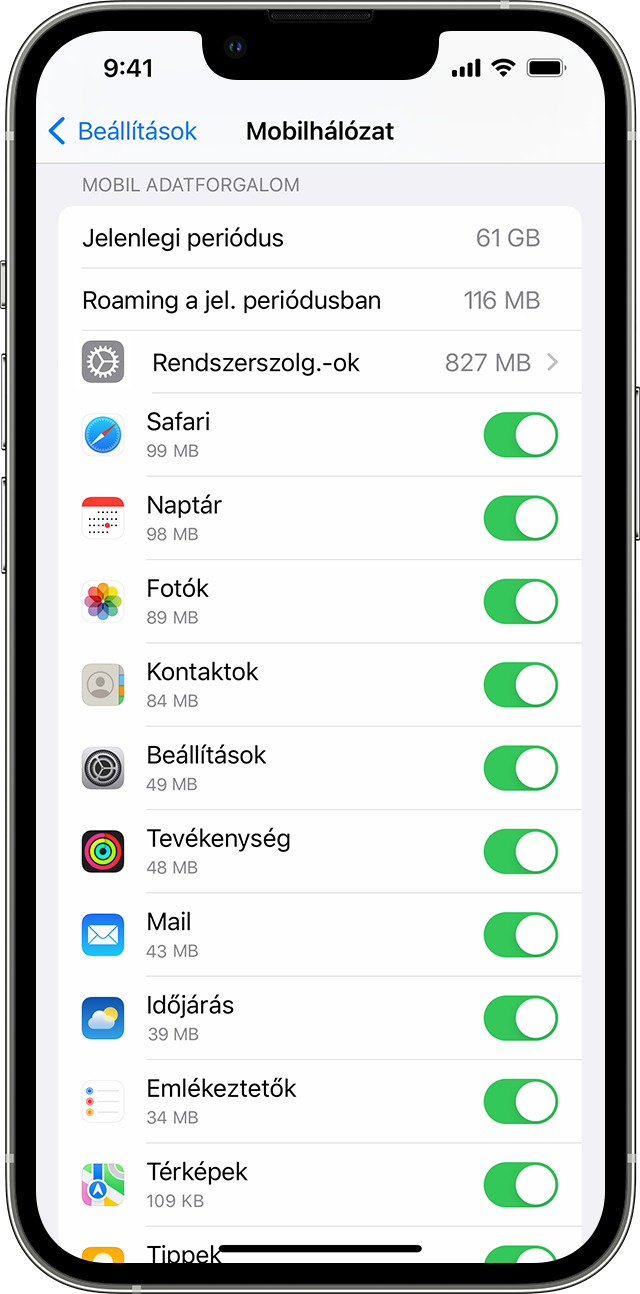 A mobil adatforgalom használati adatai egy iPhone képernyőjén