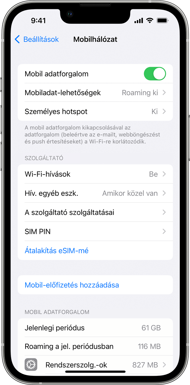 A mobil adatforgalmi beállítások egy iPhone képernyőjén