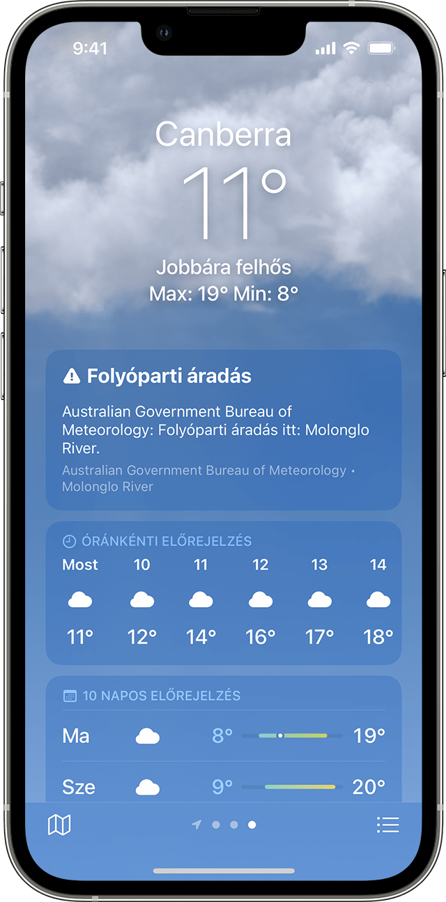 Veszélyes időjárási jelenségekkel kapcsolatos információkat megjelenítő Időjárás alkalmazás egy iPhone-on.