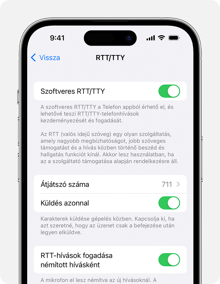 Egy iPhone képernyője, amelyen a bekapcsolt RTT/TTY funkció látható