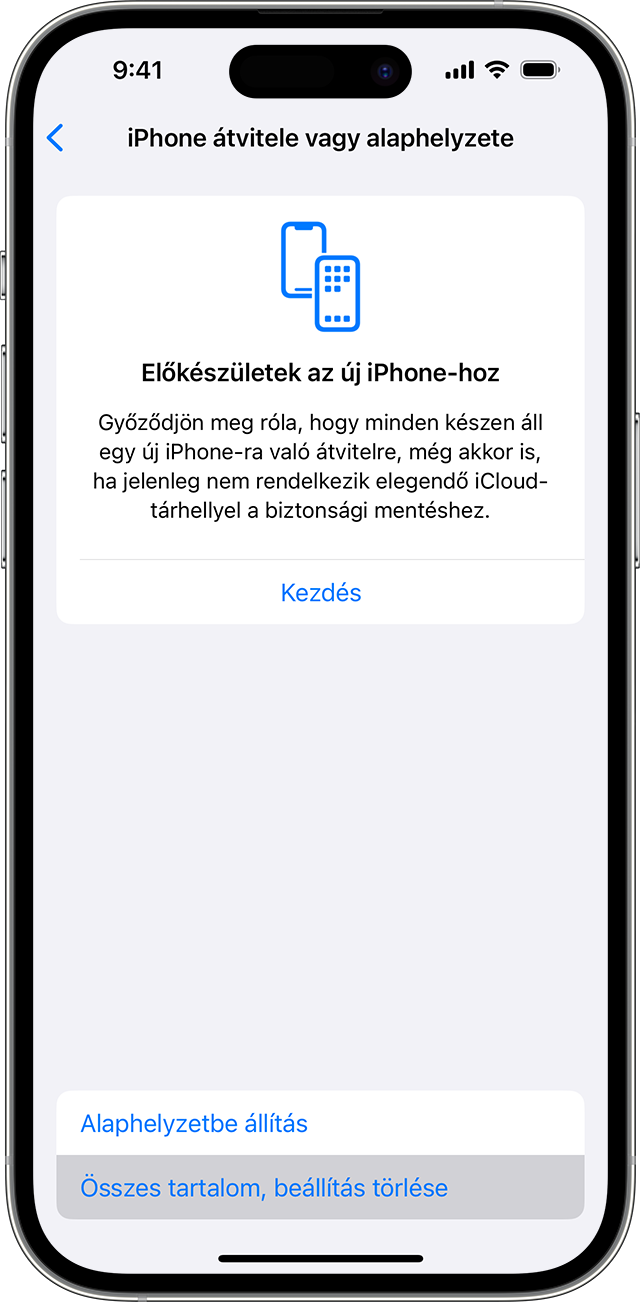 Az iPhone Beállítások appjában az Összes tartalom, beállítás törlése funkcióval törölheti a személyes adatait.