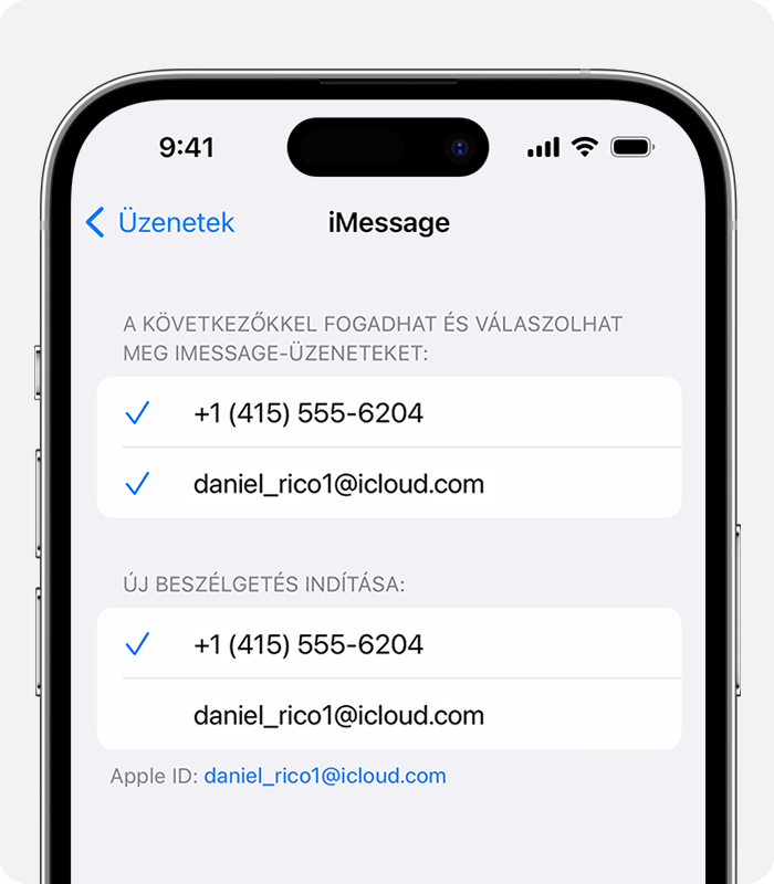 A Beállítások > Üzenetek > Küldés és fogadás lapon választhatja ki, hogy telefonszámot vagy e-mail-címet kíván-e használni az új beszélgetésekhez.
