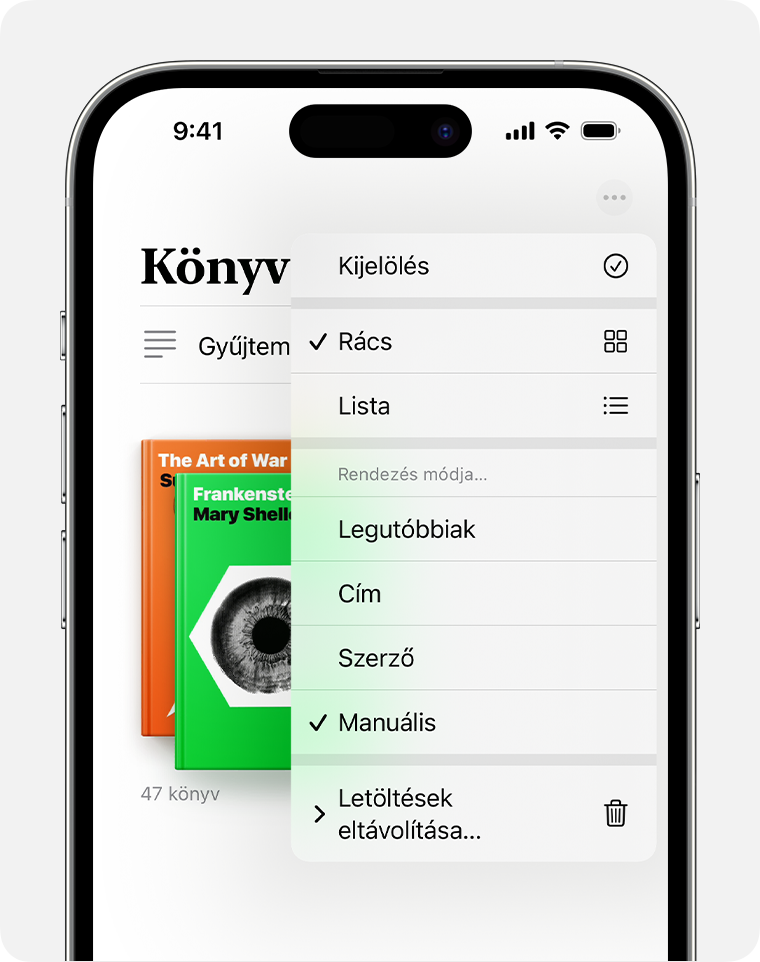 Egy iPhone képernyőjén a Könyvek app rendezésének lehetőségei láthatók
