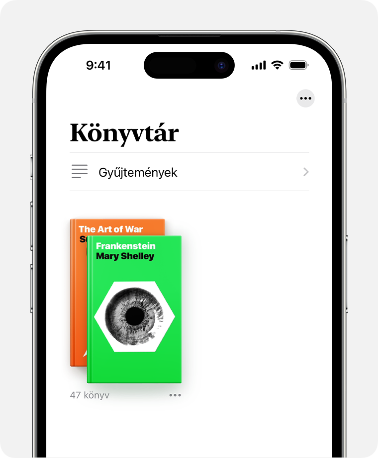 Egy iPhone képernyőjén a Könyvek app Könyvtár szakasza látható