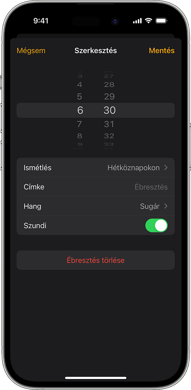 Ébresztés szerkesztése az Óra alkalmazásban iPhone-on.