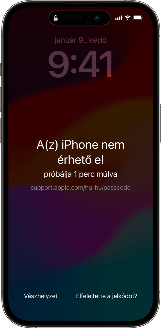 „Az iPhone nem érhető el" képernyő az iOS 17 vagy újabb rendszerű készülékeken egy „Elfelejtette a jelkódot?" opciót is tartalmaz