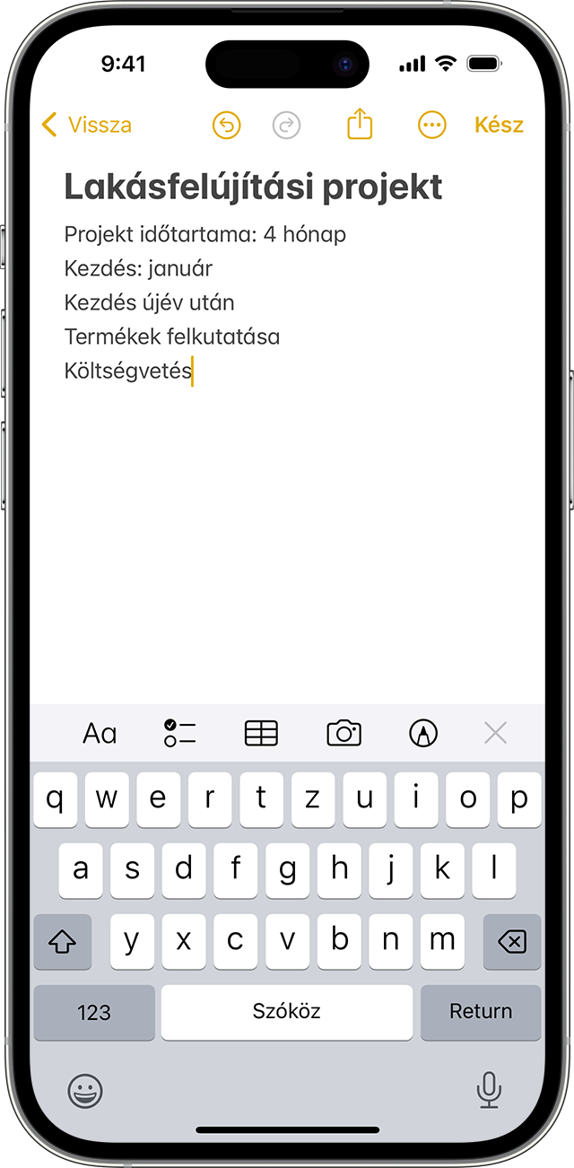 Jegyzet létrehozása az iPhone Jegyzetek appjában.